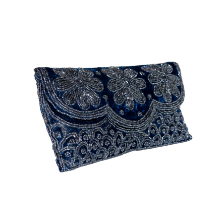 Handcrafted Velvet Beaded Clutch Bag with Chain Strap in Navy Blue Floral Design